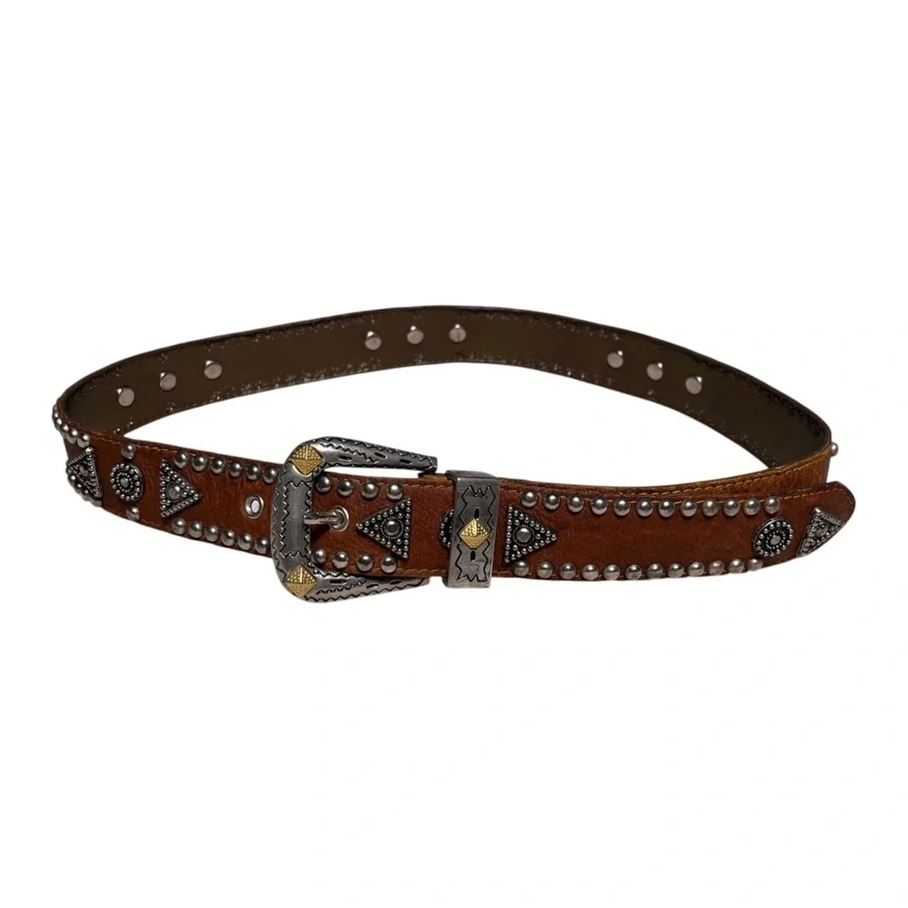 Jana Studded Embellished Brown Leather Belt Size XS Silvertone Western Rodeo